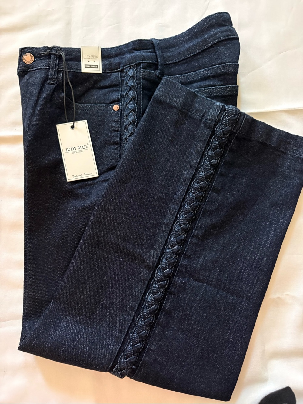 Judy Blue Women's Dark Blue Wide Leg Braided-Trim Jeans